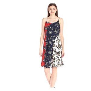 Vince Camuto Womens Size XS Wood Block Floral Colorblock Flare Dress Red Blue